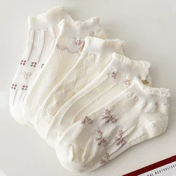 5pair /Lot Ankle Flower Socks for Women Crew No Show Short Low Cut Thin Breathable White Spring Autumn Cute Cartoon Boat Socks
