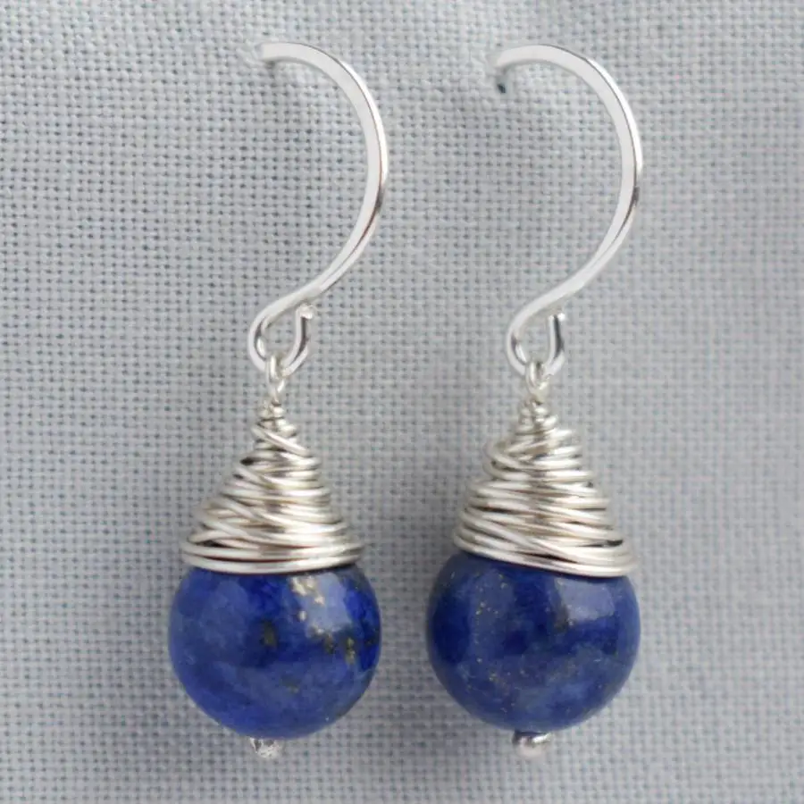 Women Wire Wrapped Round Lapis Lazuli Dangle Earrings Silver French Hook Drop Earrings Vintage Boho Natural Stone