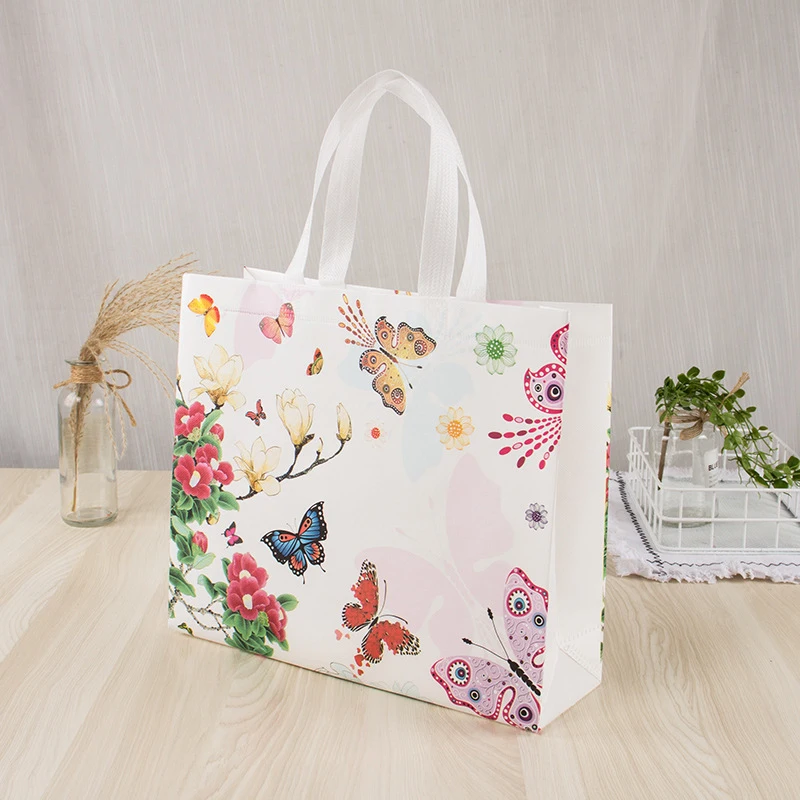 Butterfly Printing Folding Takeaway Bag Non-woven Fabric Film Coated Reusable Shopping Bag Travel Grocery Folding Bags