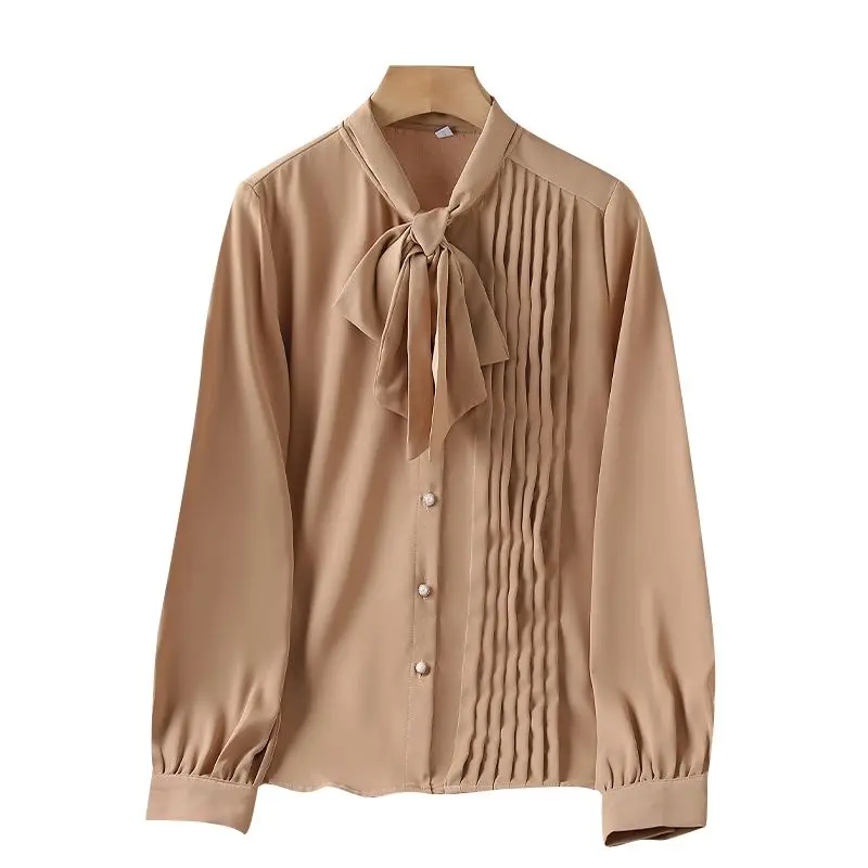 Blusa de manga larga para mujer, camisa Coreana de un solo pecho, Color sólido, elegante, doblada, cuello de bufanda, lazo elegante, perla, oficina,