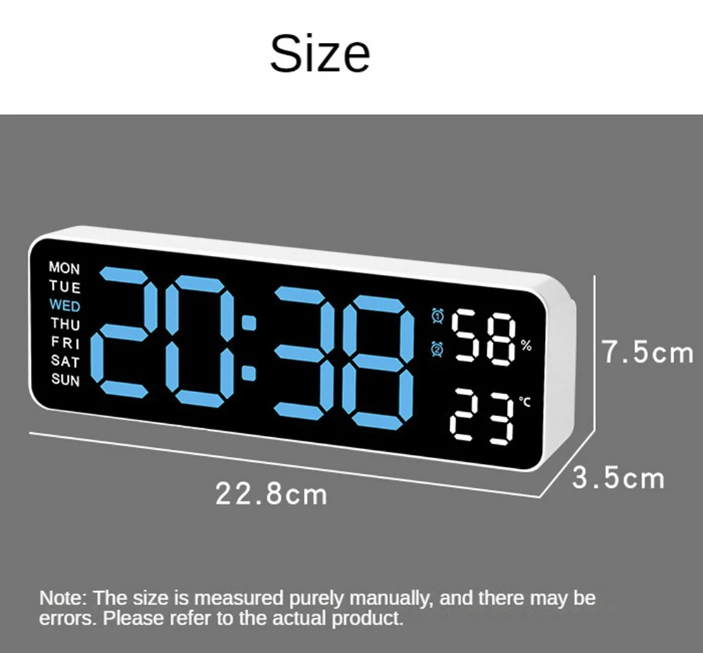 12/24H Large Digital Wall Clock Brightness Adjustable Electronic LED Table Alarm Clock Temperature Humidity Week Display Clock