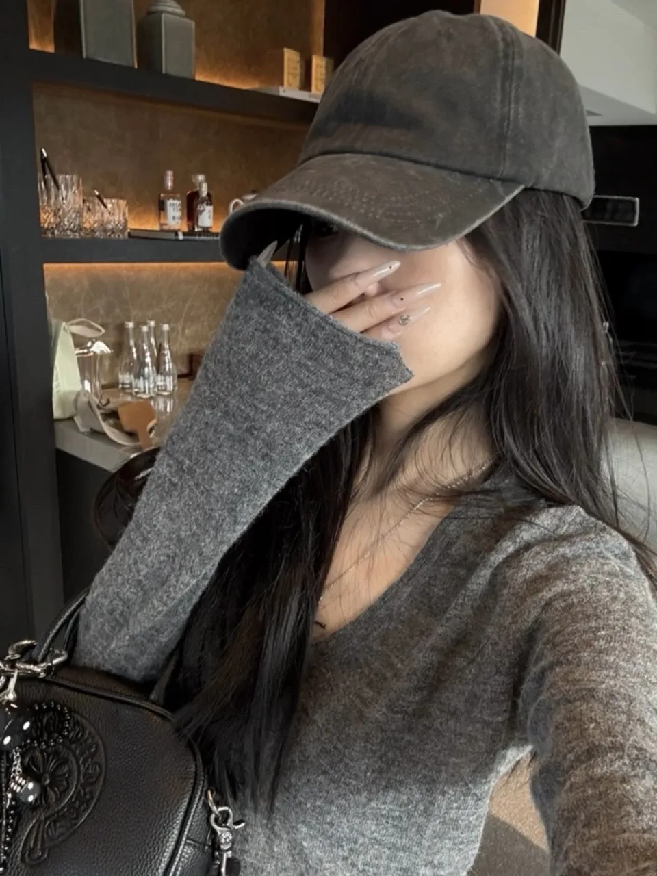 Coreano Sle ey V-Ne Lungo Sve Top lavorato a maglia Donna Autunno Inverno Slim Fit Strato base irt Abbigliamento interno T-irt di colore puro