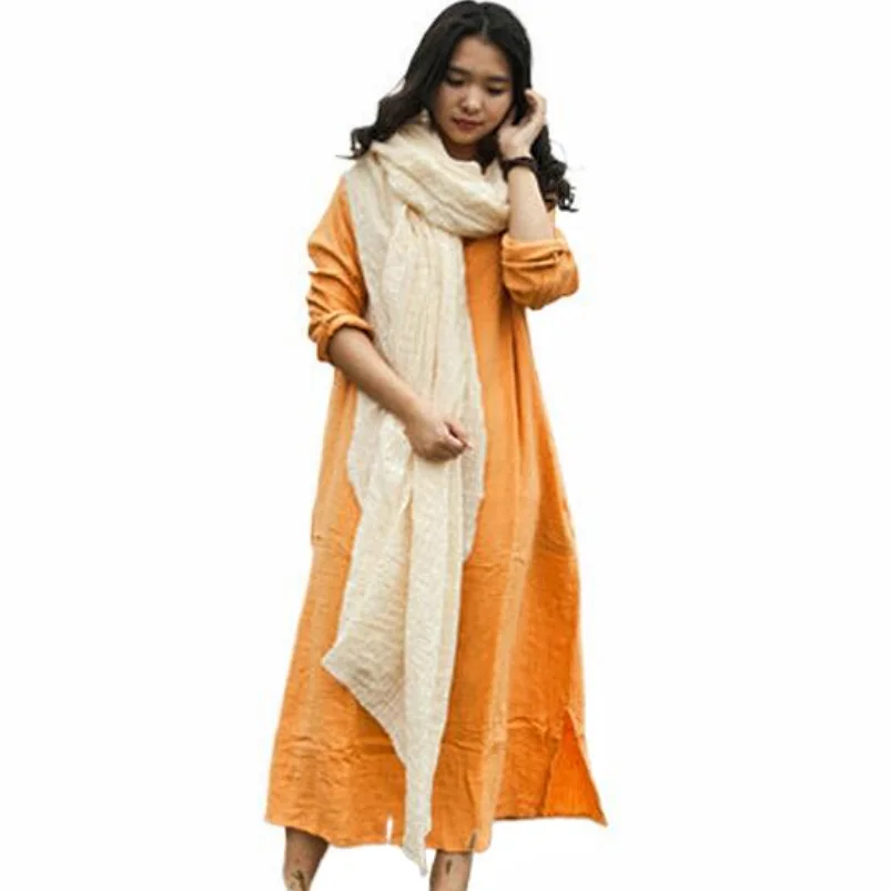 Nieuwe Katoenen Linnen Vintage Jurk 2024 Lente Herfst Vrouwen Casual Losse Ronde Ronde Hals Boho Jurken Met Lange Mouwen Vestidos-