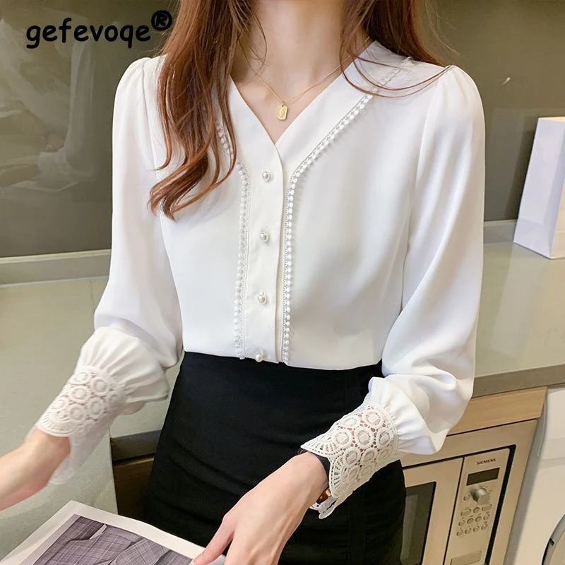 Frauen Spitze Patchwork Perlen schicke elegante Hemden Frühling Herbst Mode Büro Dame weiß lässig Blusen V-Ausschnitt Langarm Tops