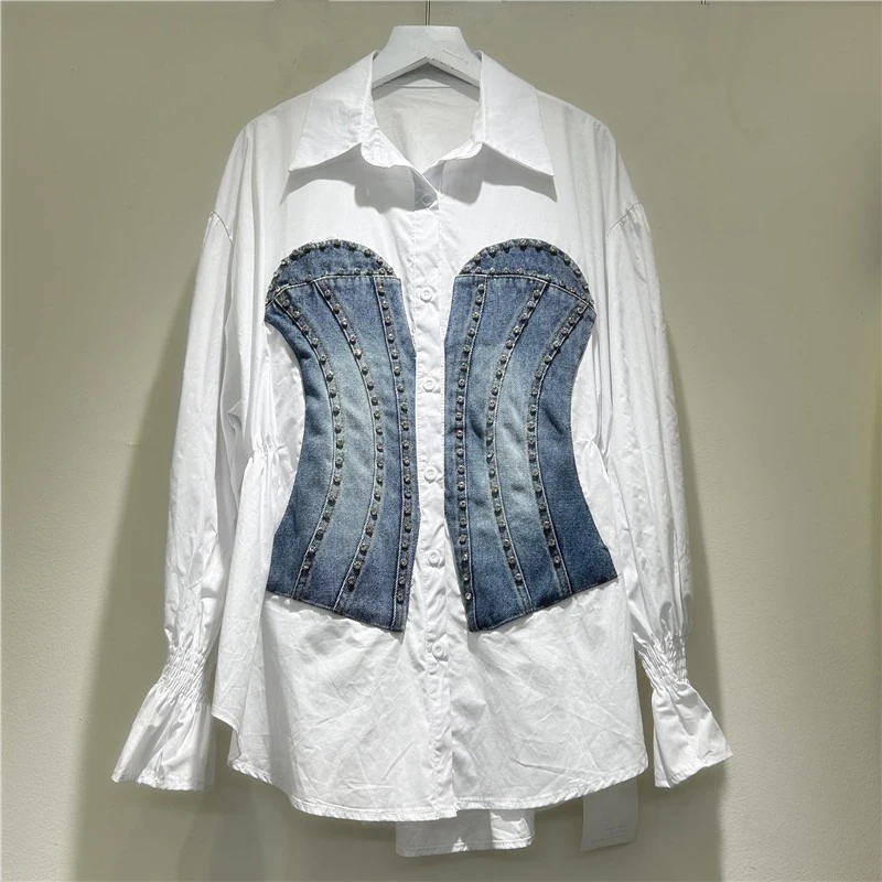 DEAT Women's Shirt Crystal Patchwork Denim Panelled Elastic Waist Single Breasted Female Blouse Spring 2025 New Fashion 29L9408