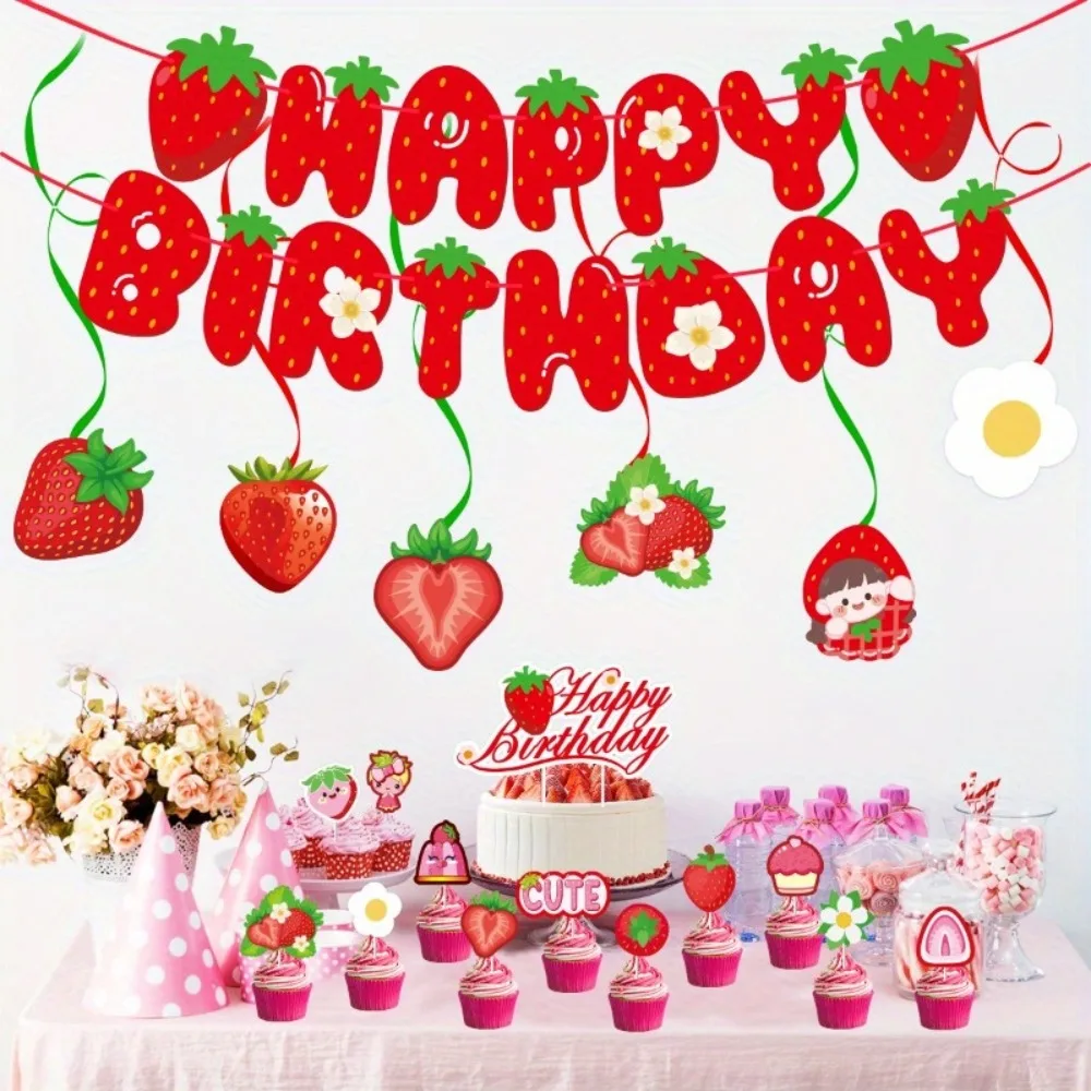20 piezas (1 pancarta + 1 adorno grande + 12 adornos pequeños + 6 remolinos) Juego temático de cumpleaños de fresa de verano Decoración de fiesta Banner de cumpleaños remolinos grandes y pequeños adecuados para decoración de fiesta de cumpleaños
