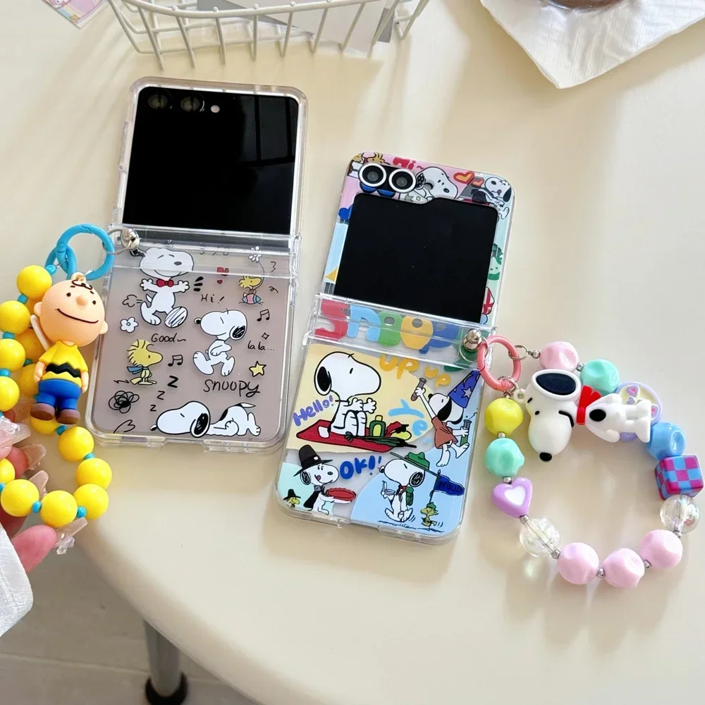 Snoopy Charlie Brown Cute Cartoon Stand Holder Phone Case For Samsung Galaxy Z Flip 7 6 5 4 3 Case Hard TPU Cover With Lanyard