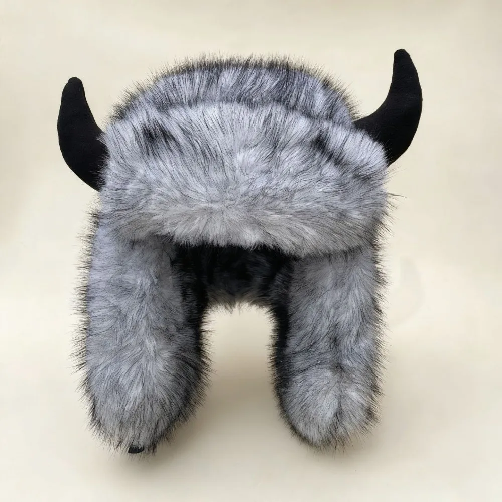 Mink Texture Faux Fur Hat Windproof Fabric Thickened Lining Ear Flap Headwear Soft Touch Solid Pattern Bull Horns Bonnet