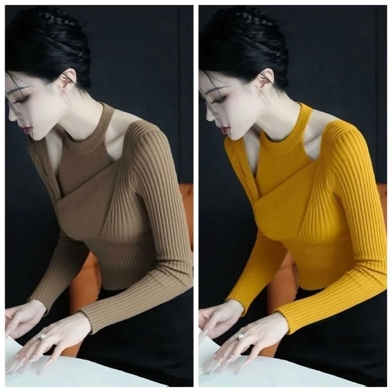 

High-end Niche Design Slim and Thin, Irregular Coffee Knitted Top for Women Temperament Commuting Autumn Korean Atmosphere Wear,