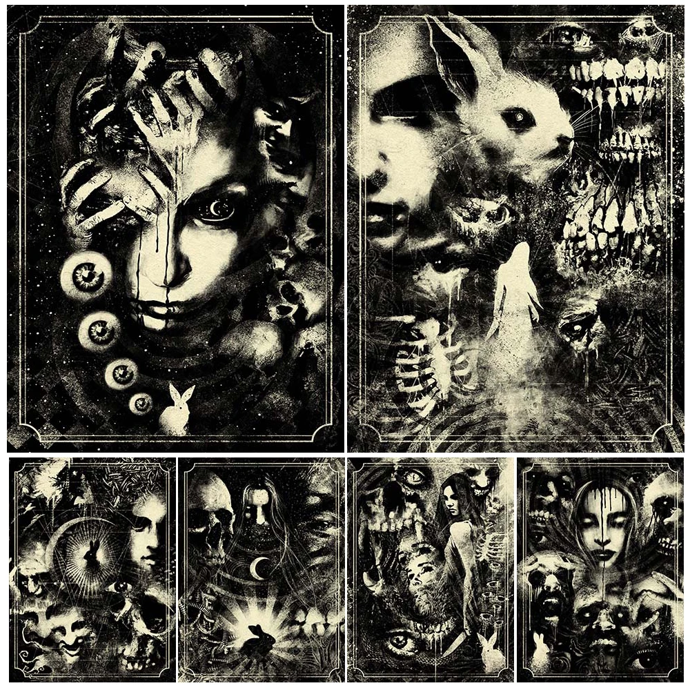 Scary Rabbit,Skeleton And Evil Killer Vintage Wall Art Canvas Painting Horror Chaos Fantasy Art Poster And Print Home Decoration