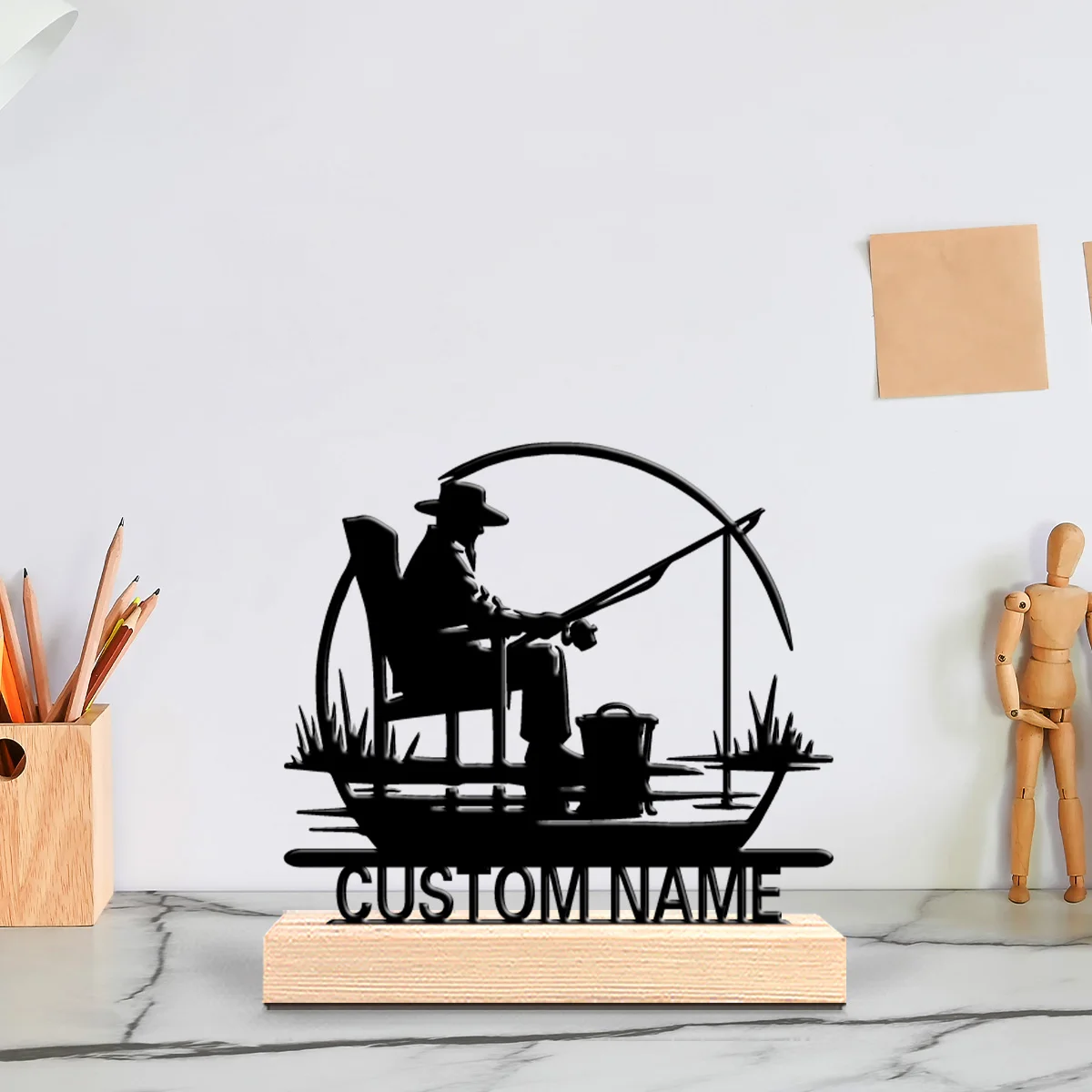 1pc Creative fishing Customized Text Metal Statue Iron Ornament Art Crafts With Wood Base Iron Sculpture For Bedroom Desk Decor