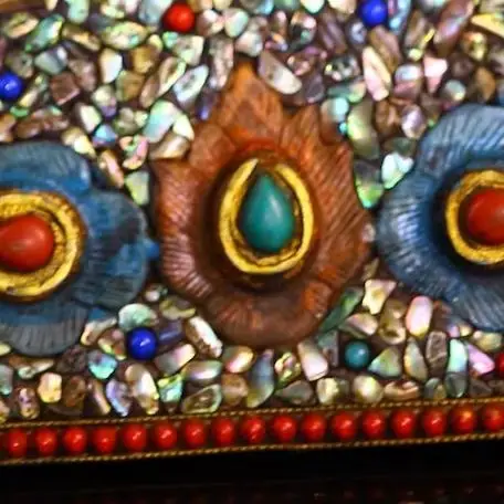 

22"Tibetan Temple Collection Old Tiantie Mosaic Gem gZi Beads Shell Five Shares Vajra Phurpa Base Amulet Dharma Worship Hall