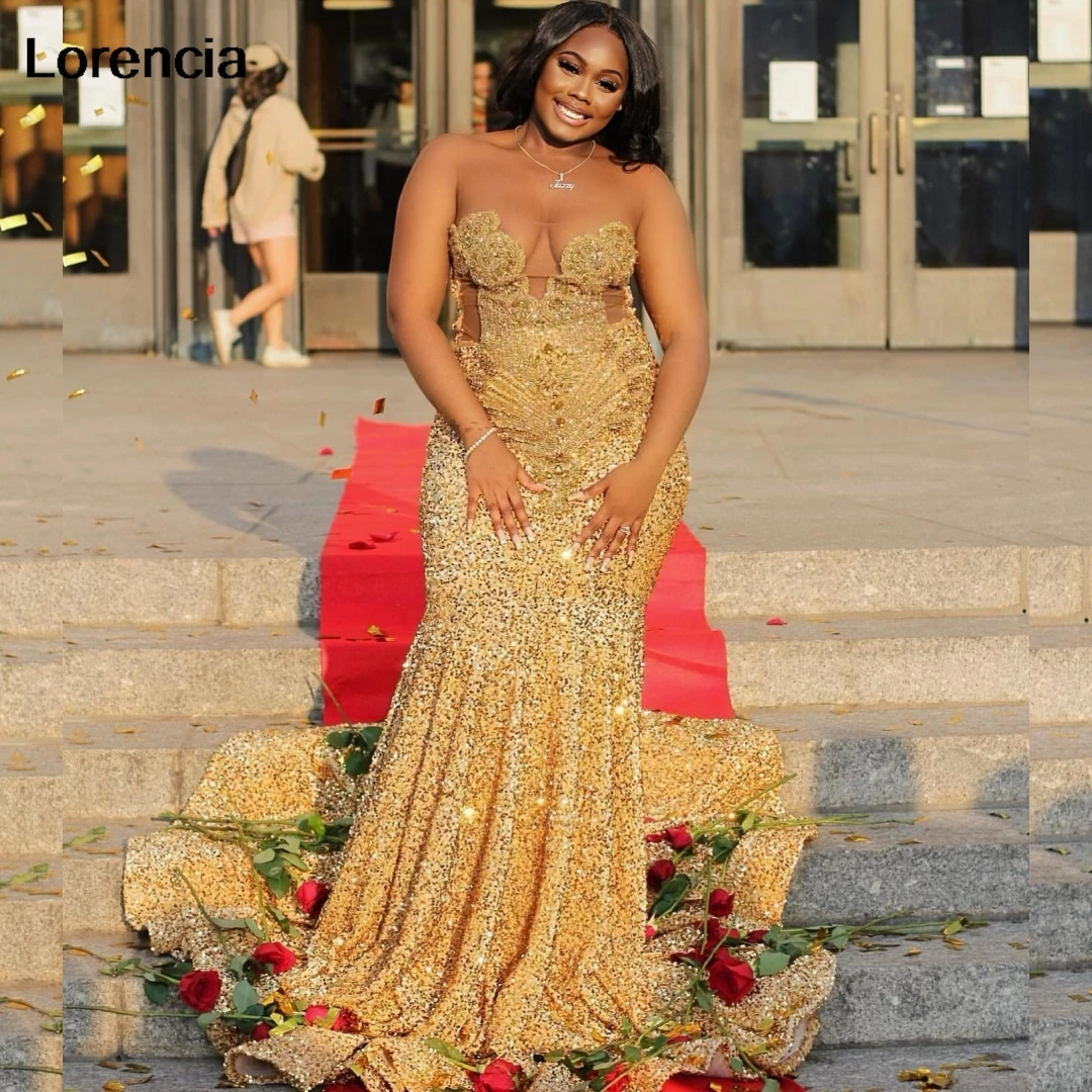 Customized Gold Sequins Mermaid Prom Dress 2024 For Black Girls Crystal Rhinestone Beaded Party Gala Gown Robe De Soiree YPD129