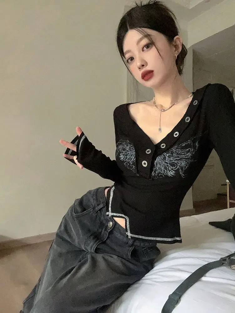 Cseta Fena Slim Fit de Manga Curta Y2K Americana Doce e Picante, Novo Design Único e Chic para Primavera e Outono