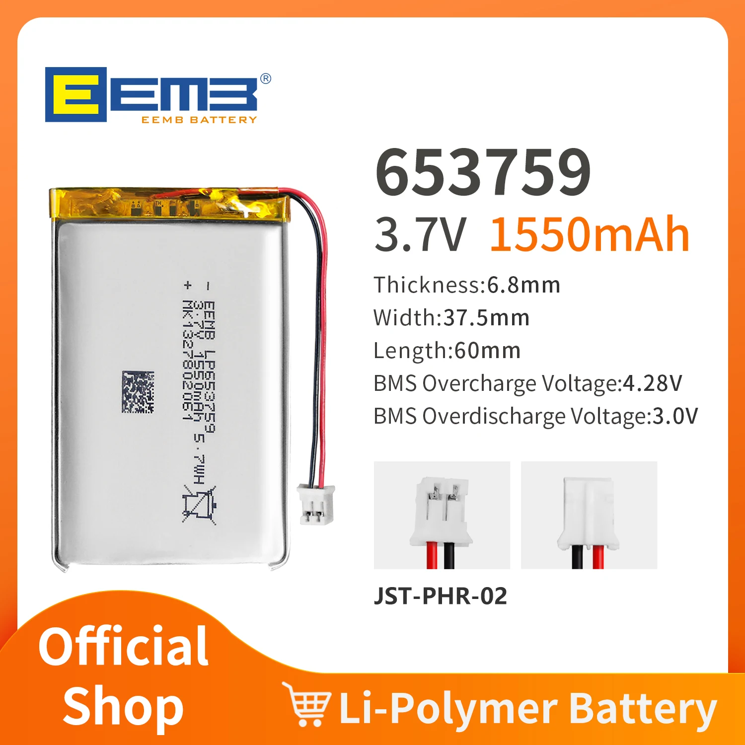 EEMB 653042/653759/655085/672438/683440 3.7V rechargeable lithium polymer battery custom plug