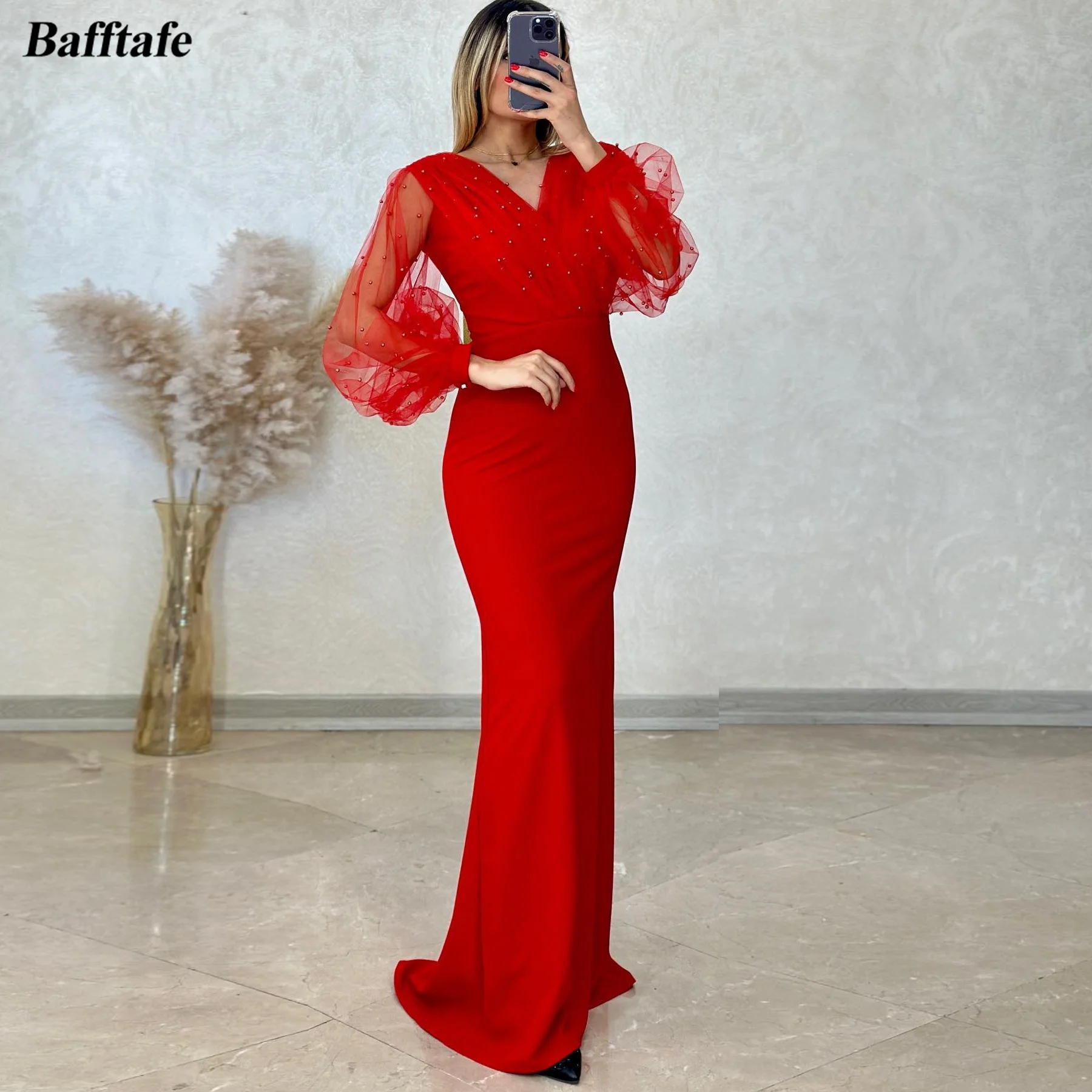 

Bafftafe Red Satin Formal Evening Party Dresses Puff Long Sleeves Perals Tulle Prom Dress V-Neck Women Party Bridesmaid Gowns