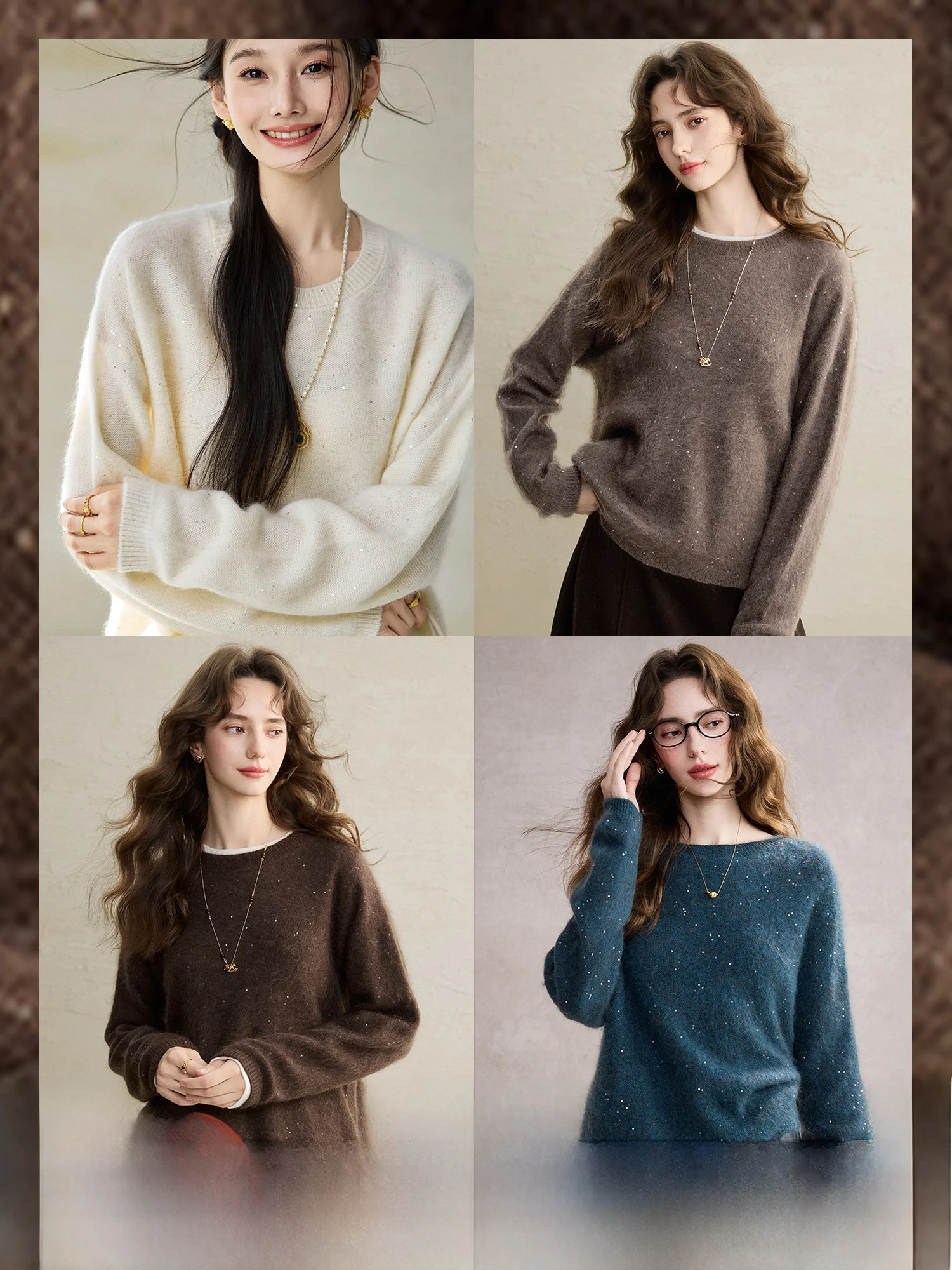 

Cascading Star Knitted Sweater Fine iny Beads Furry eep Camere Wool Winter Warm round Ne Thiened Long Sve Women'...