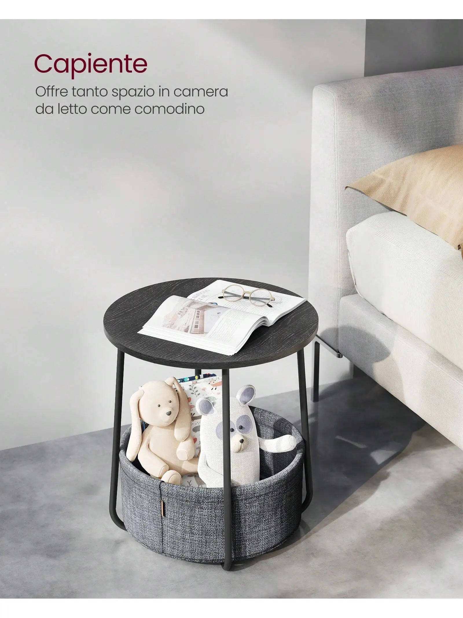 VASAGLE Side Table: Round End Table with Fabric Basket. Spacious for Living Room/Bedroom. Modern Style.