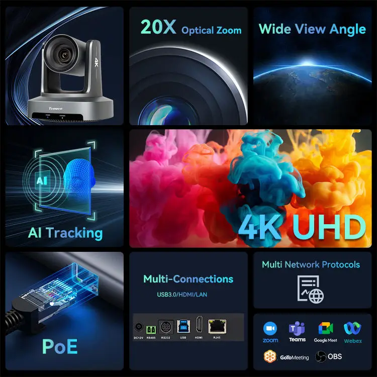 Tenveo 4K 20 Optical Zoom PTZ Conference Camera AI Tracking HDMI/USB/LAN Video Camera for Live Streaming