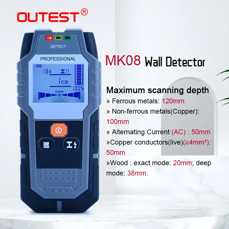 OUTEST Metal Detector Wiring Detector Wall Detector Cable Professional  Copper Wood Detect Wall Depth scaner Multifunction MK08