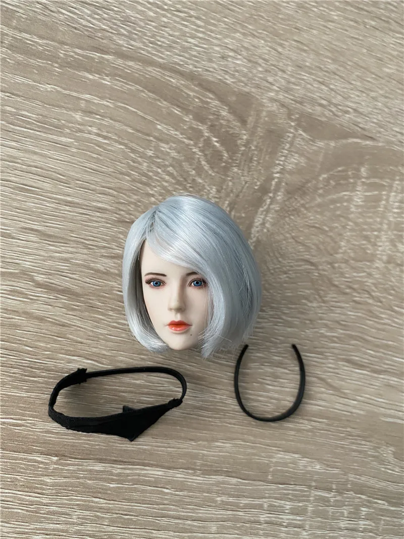 SET017 1/6 NieR 2B Gir Head Sculpt with Blindfold Hair Band Fit 12'' TBL Female Soldier Pale Action Figure Body