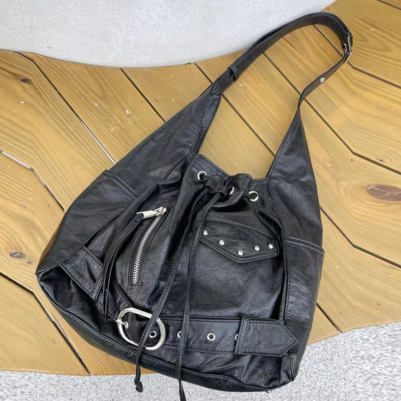 

Korean Moto & Biker Tote Bags For Women Luxury Designer Handbags And Purses 2026 New In PU Riveted Belt Buckle Underarm Shoulder