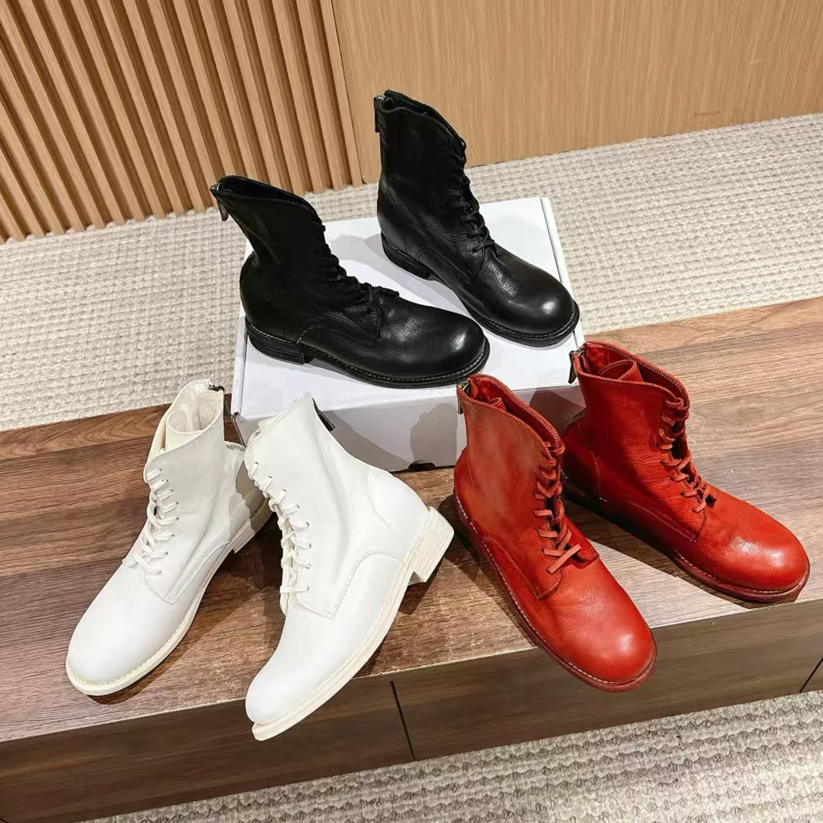 NIGO Women's Vintage Washed Horsehide Chelsea Boots Fashion Temperament Lace Up Pleated Derby Heel 2.5cm 995#  #NGSH1388