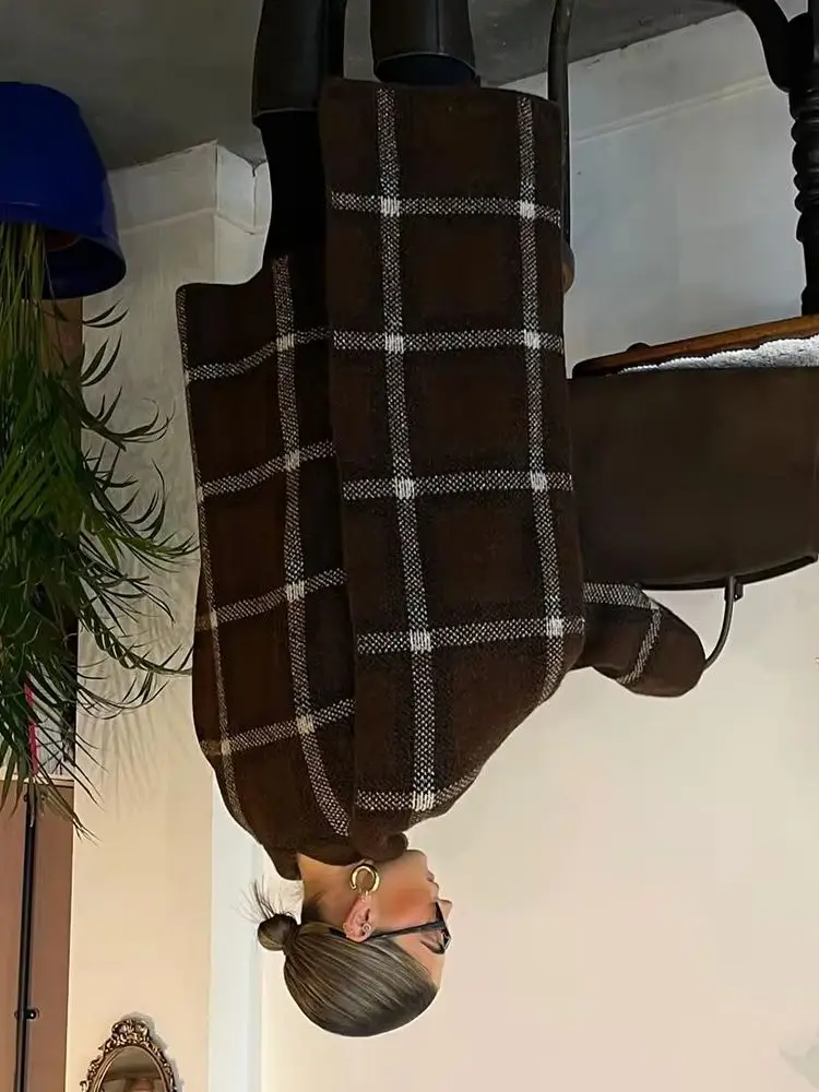 HH 가을 여성 캐주얼 루즈 숏 가디건 우아한 체크무늬 스카프 칼라 포켓 장식 긴 소매 니트 스트리트 코트