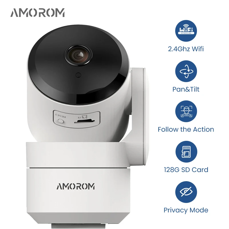 Amorom Indoor Home Security Camera With 128G Micro SD Card 1080P WiFi Pet Camera 2-Way Audio For Google Home Alexa Assistant