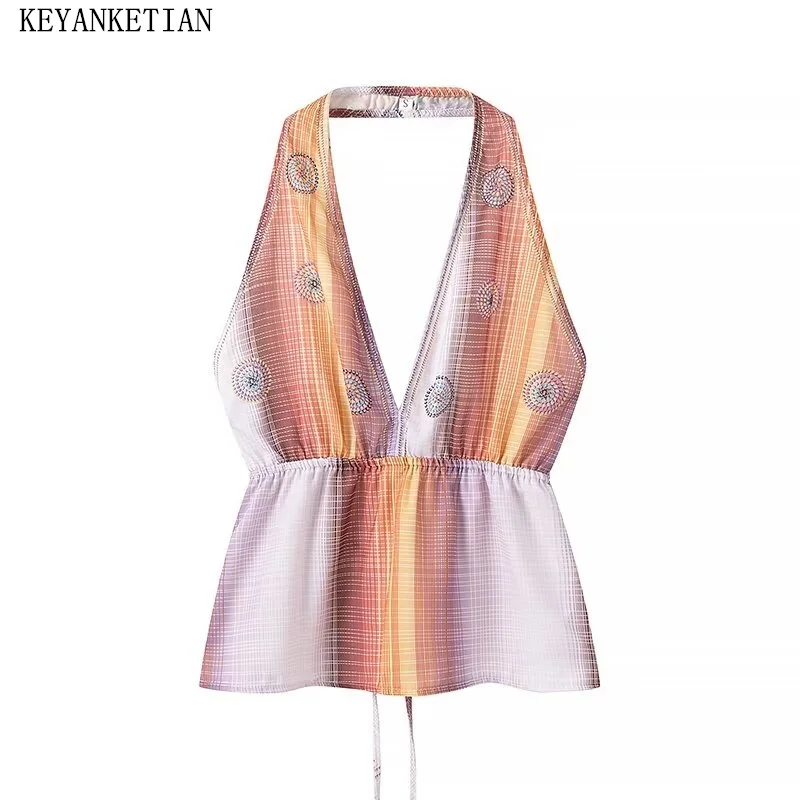 

KEYANKETIAN 2024 New Launch Women's Bandage Backless Halter Vest Inner Style Geometric Printing Sexy Camisole Crop Top Corset