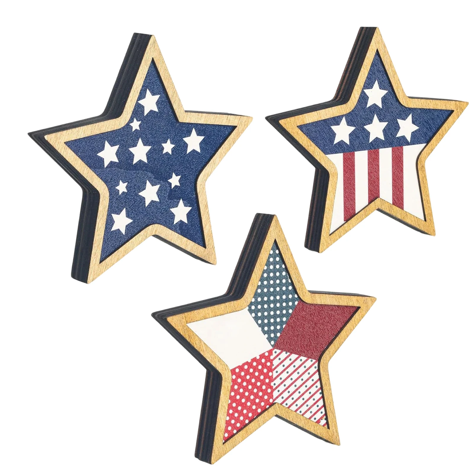3pcs Wooden Five-Pointed Star Independence Day Themed Desktop Decoration Set Desktop Centerpiece Bookshelves Ornaments