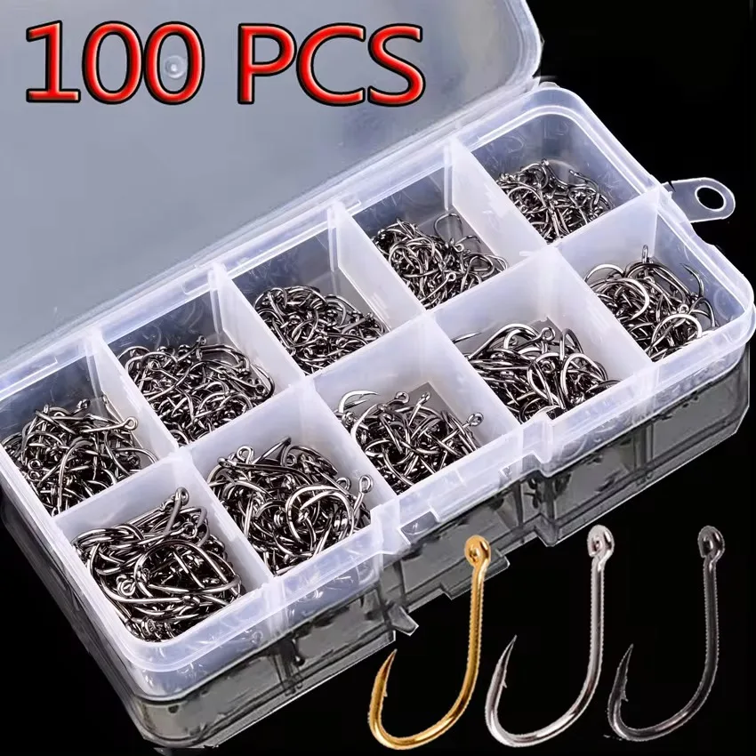 Aorace 100Pcs Angelhaken Set Carbon Stahl Einzigen Kreis Angelhaken Fliegenfischen Jip Stacheldraht Karpfen Haken Sea Tackle Zubehör