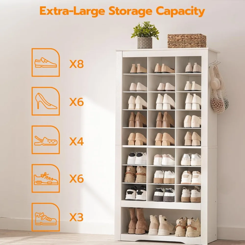 Tall Shoe Cabinet, 9 Tier Shoe Storage Cabinet, Freestanding Wooden Shoe Cabinet Organizer with 24 Cubbies and 3 Hooks image 6