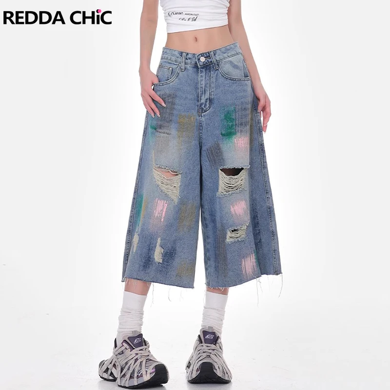 

2025 summer new American retro casual color ink print washing ripped jeans y2k women loose wide-leg cropped pants