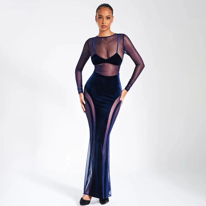 

Sheer Mesh Patchwork Velvet Bodycon Maxi Evening Party Dress Women Elegant Sexy Full Sleeve Hipster Long Clubwear Birthday Robe