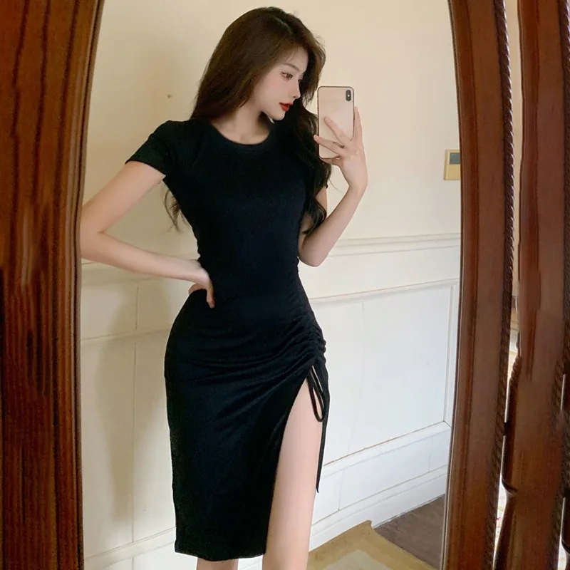 Summer Women Dress Sweet Temperament Drawstring Irregular Split Skirt Female Summer Mid-length Slim-fit Hip Skirt