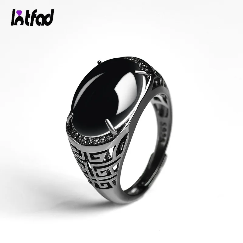 

925 Sterling Silver Ring with Natural Black Jade Black and White Silver Skeleton Single Ring Adjustable Fine Jewelry for Men