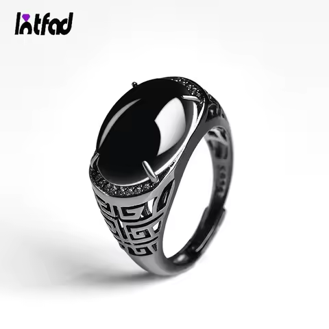 Vintage Silver Ring with Natural Black Jade Black and White Silver Skeleton Single Ring Adjustable Fine Jewelry for Men