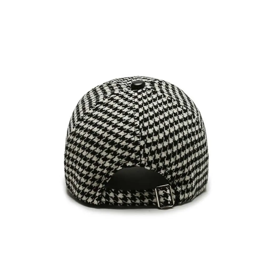 Black Metal Buckle Streetwear Khaki Coffee Embroider Pu Leather Brim Korean Style Hat Face Cap Houndstooth Baseball Cap