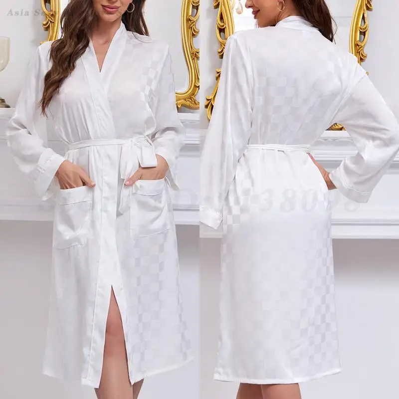 

Sexy Female Robe Kimono Bathrobe Gown White Checkered Nightgown Negligee Loungewear Satin Sleepwear Nightdress Loose Homewear