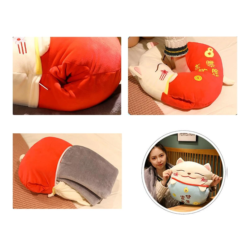 Lucky Cat Plush Pillow+Carpet 2 In 1 Stuffed Maneki Neko Sleep Blanket Cushion Hand Warmer Cartoon Throw Pillow with Blanket