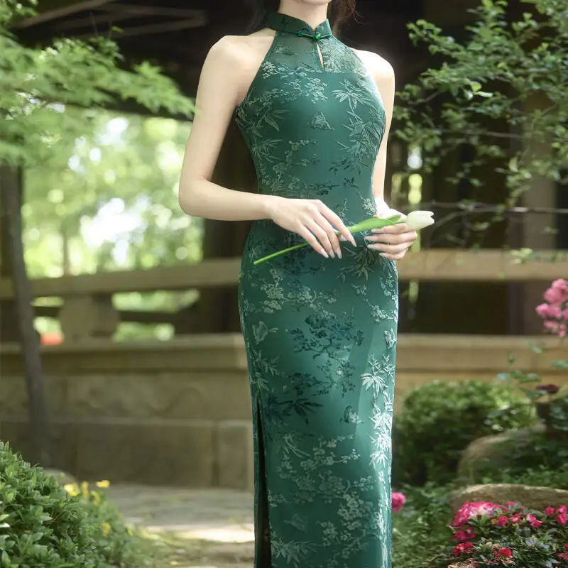 

2026 Green Vintage Print Flower Qipao Chinese Traditional Women Cheongsam Sexy Long Slim Dresses Sleeveless Summer New Vestidos