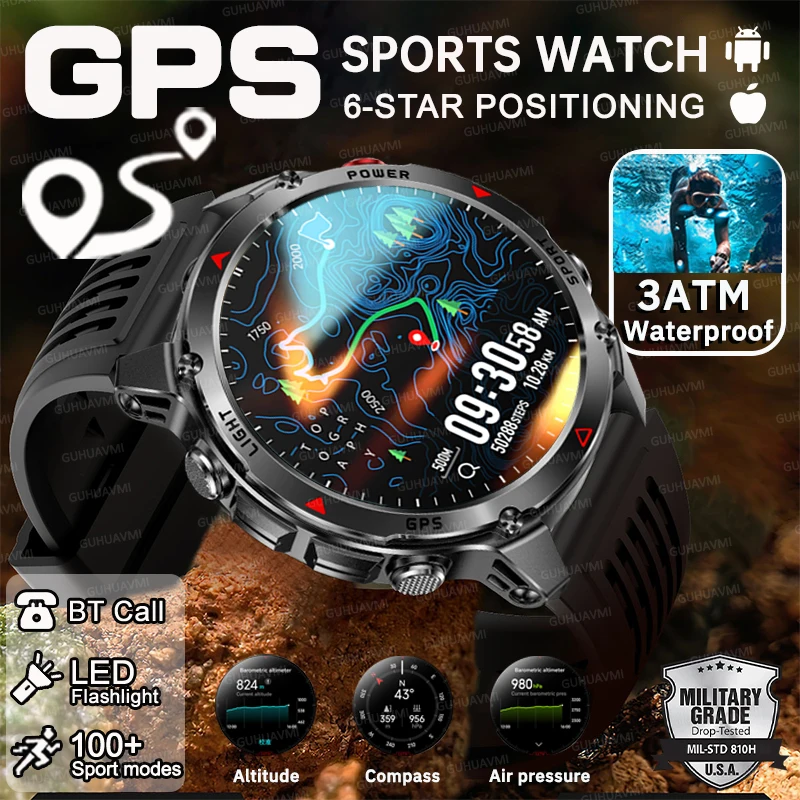 

Новые военные шестизвездочные GPS-смарт-часы для мужчин на открытом воздухе RIDE Run Компас Высотомер Светодиодный фонарик 3ATM Водонепроницаемые 540 мАч HD Call Watch