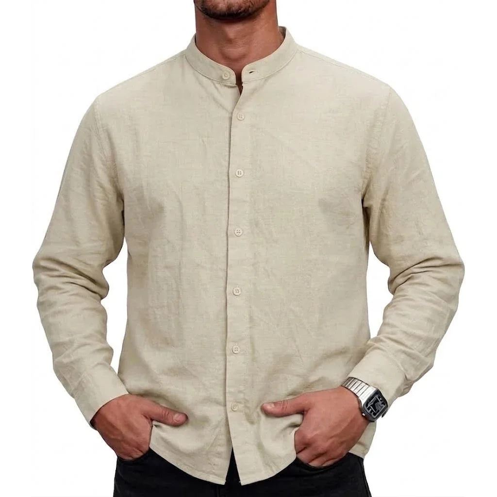 Mens Casual Stand Collar Blouses Long Sleeve Button Front Tops Lightweight Airy Solid Vacation Coastal Outfit Formal Work Attire