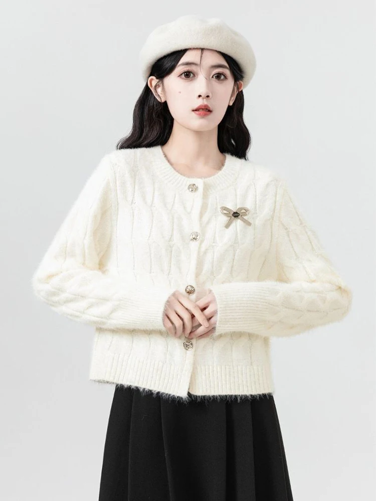 

Sweet Chic Korean Cardigan Sweaters Women Preppy Style Elegant Faux Mink Cashmere Jackets Fashion Long Sleeve Bow Tops New