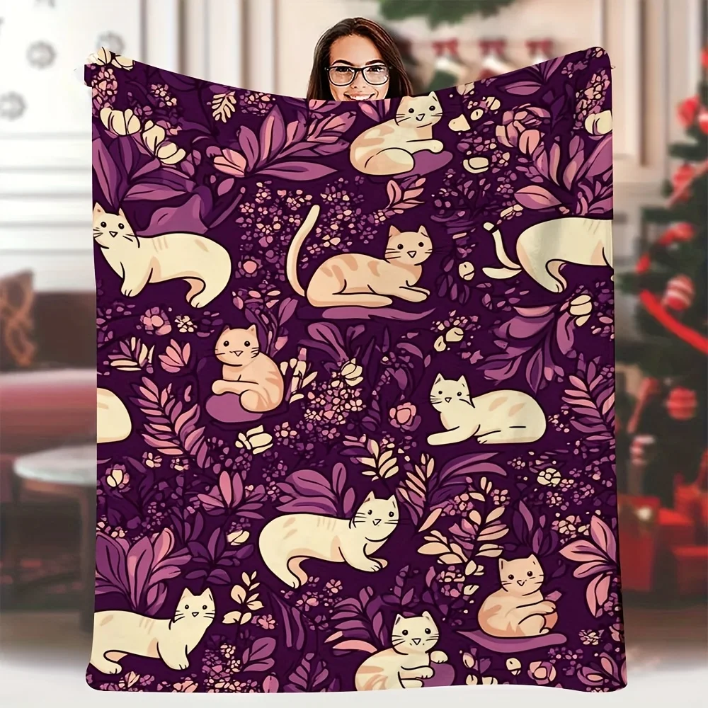 1pc Vintage Style Cat and Floral Pattern Throw Blanket, 60x80inch, Soft A-Line Single-Sided Printed Coverup for Sofa