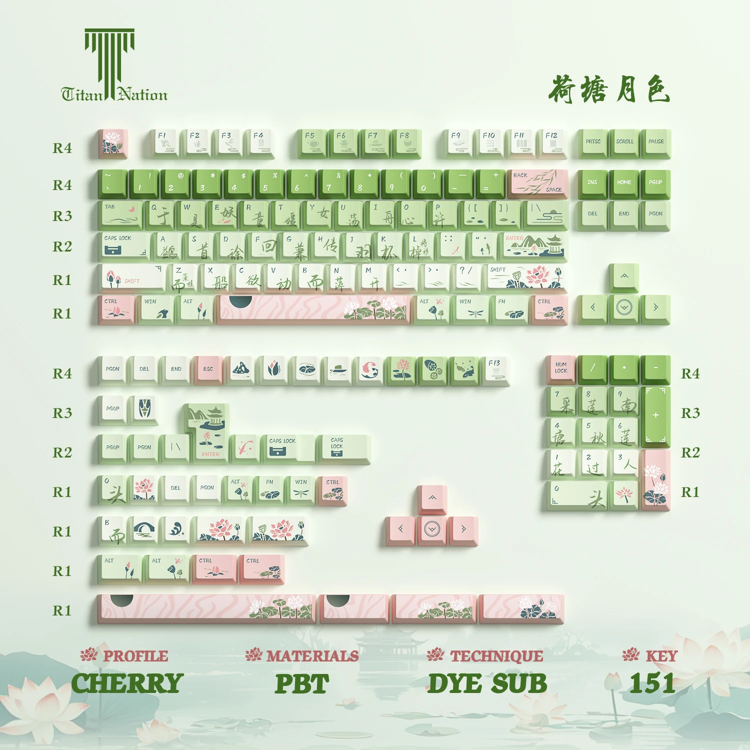 Lotus Pond Moonlight Theme Keycaps 151 Keys PBT Original Highly Sublimated Antique Keyboard Keycaps
