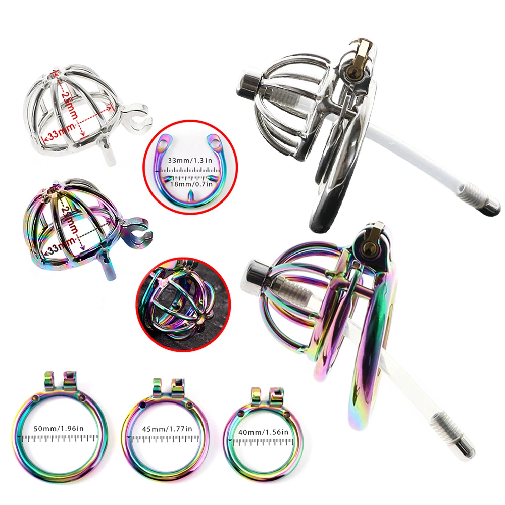 Jaula de Castidad de Acero Inoxidable Plateado/Arcoíris – Jaula para Pene con Catéter Uretral, Anillo para Pene con Cierre Discreto, Dispositivo de Castidad para Hombres