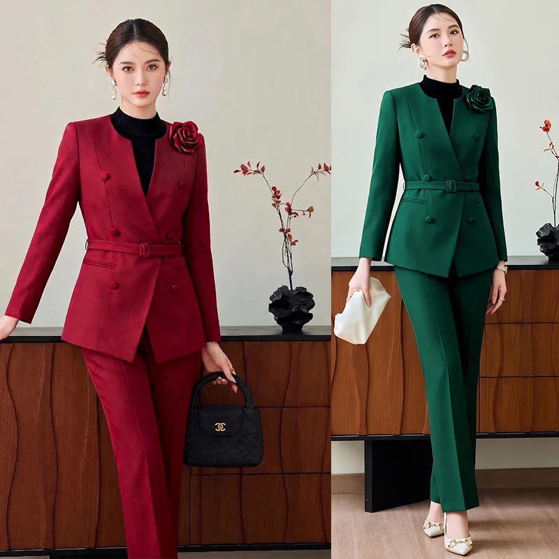 Elegant Chic Women Blazer Suit with Pant 2 Piece Matching Sets Autumn Fashion 3D Floral Jacket With Belt Trousers Suit Workwear