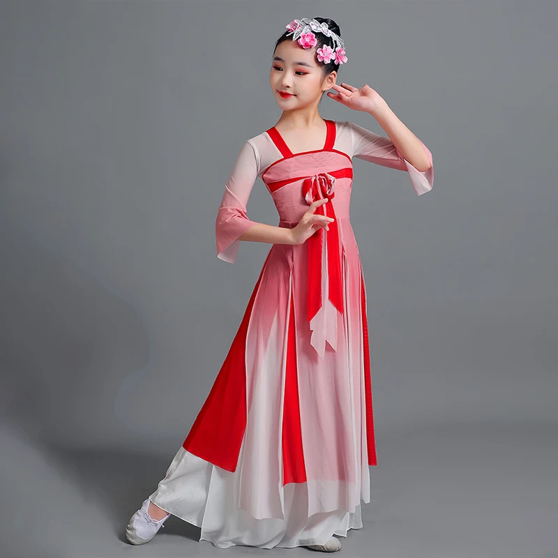 Abito da ballo classico cinese per adulti/bambini che scorre in Chiffon stile cinese mezza gonna Costume da spettacolo teatrale nazionale